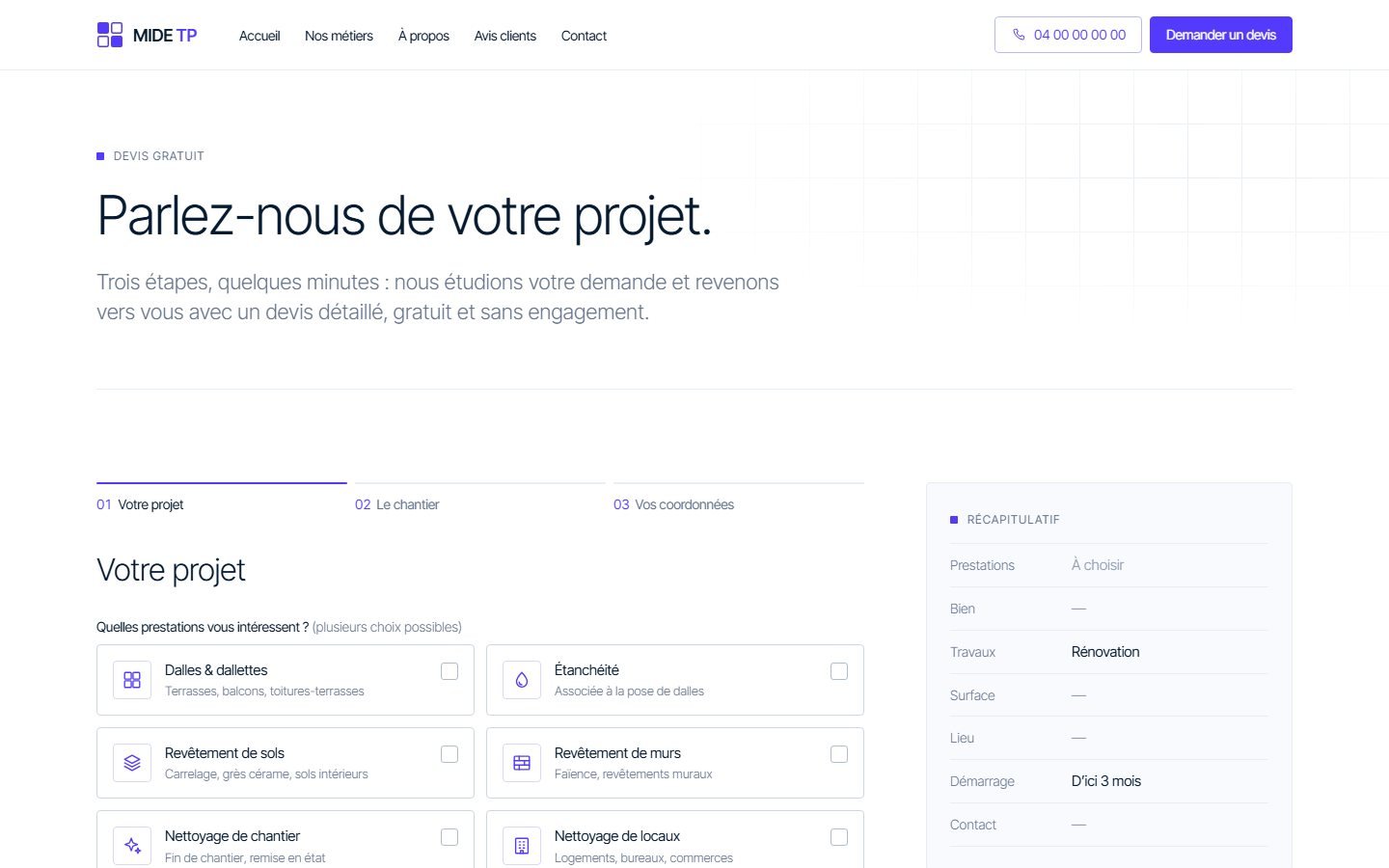 MIDE TP — demande de devis en trois étapes